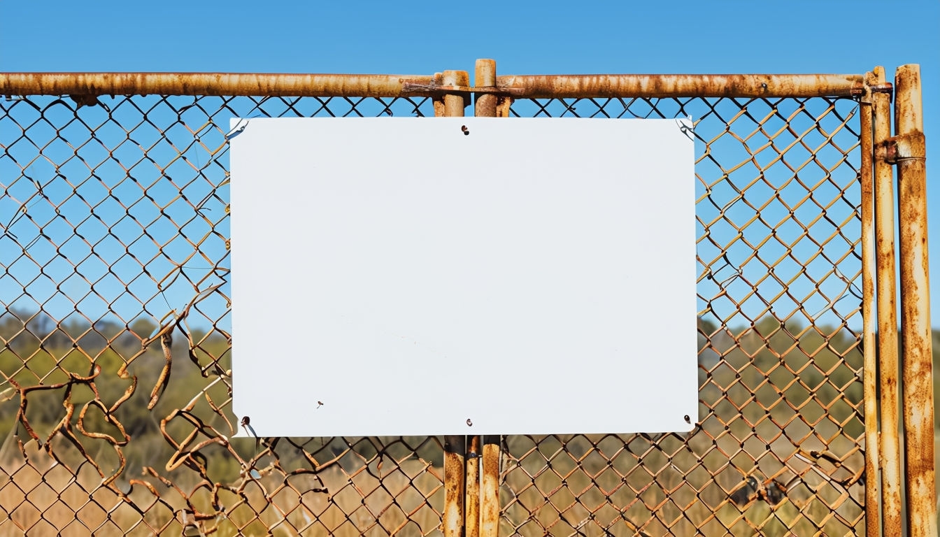 Rusty Chain-Link Fence with Blank Sign Mockup