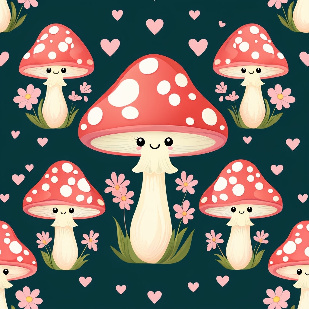 Cheerful Whimsical Mushroom Pattern with Flowers and Hearts Seamless Patterns