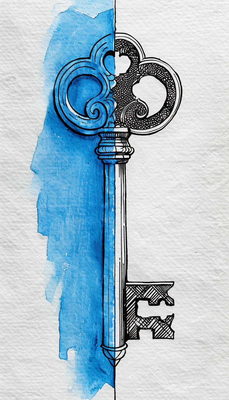 Stylized Cerulean Blue Key Illustration with Intricate Patterns Mobile Wallpaper