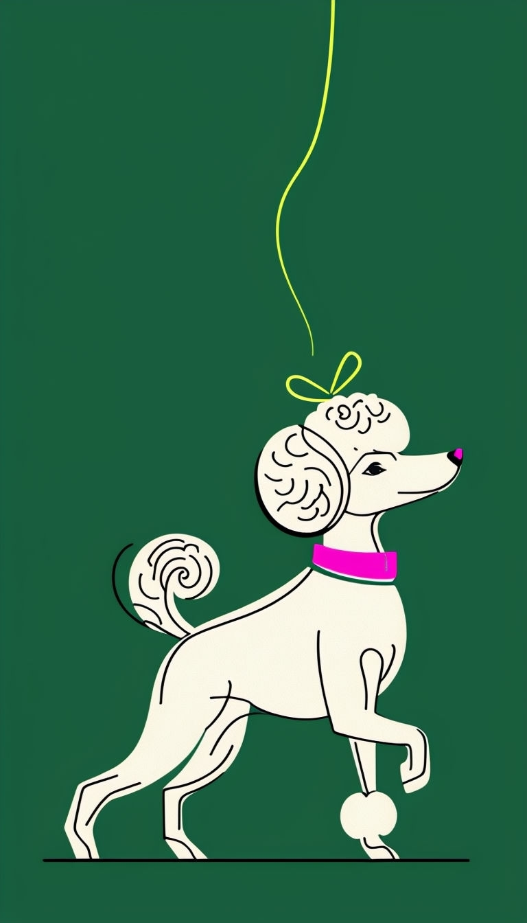 Playful Poodle Illustration with Vibrant Collar and Green Background Mobile Wallpaper