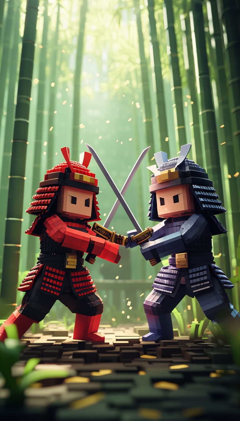 Chibi Samurai Voxel Duel in Bamboo Grove Art