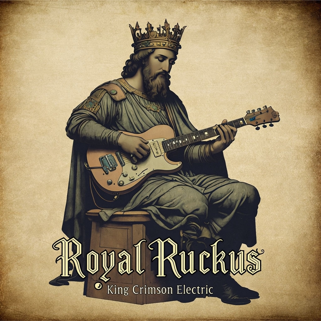 Royal Ruckus Whimsical Medieval King Playing Guitar Album Cover