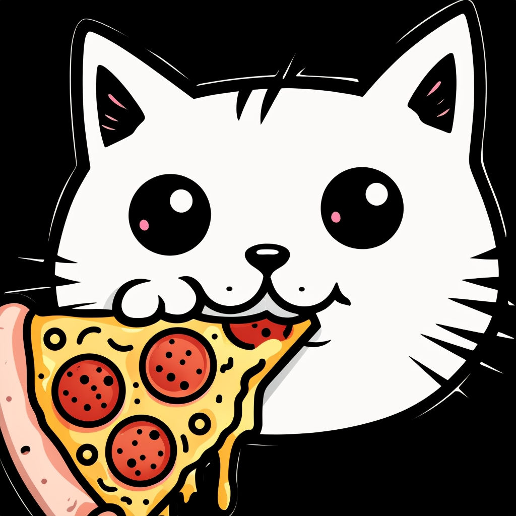 Playful White Cat Biting Pizza Slice Cartoon Art