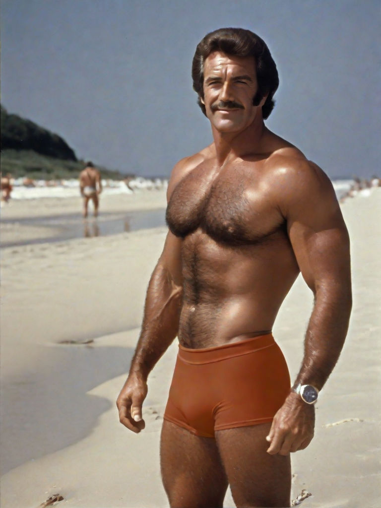 A rear image of a 24 year old hairy men full body on beach))