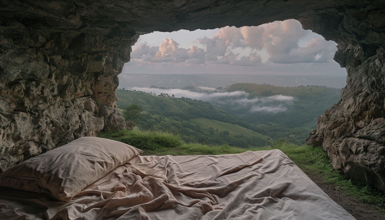 Tranquil Cave View with Lush Landscape Virtual Background