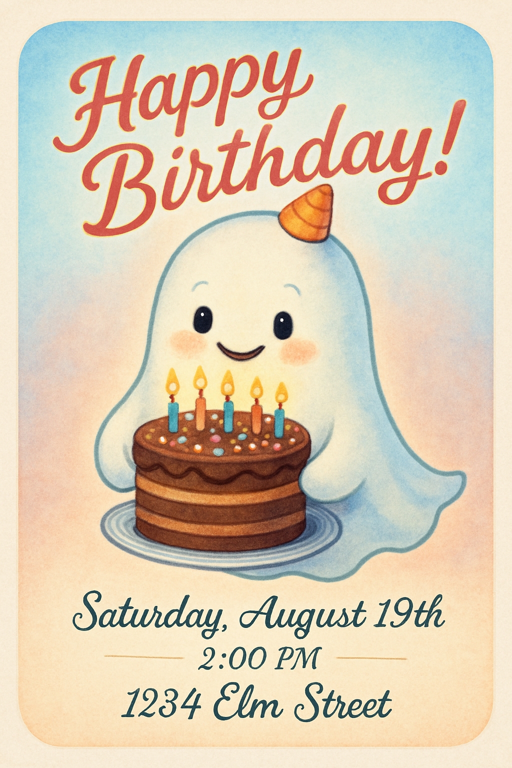 Whimsical Cartoon Ghost Birthday Invitation with Colorful Cake Card