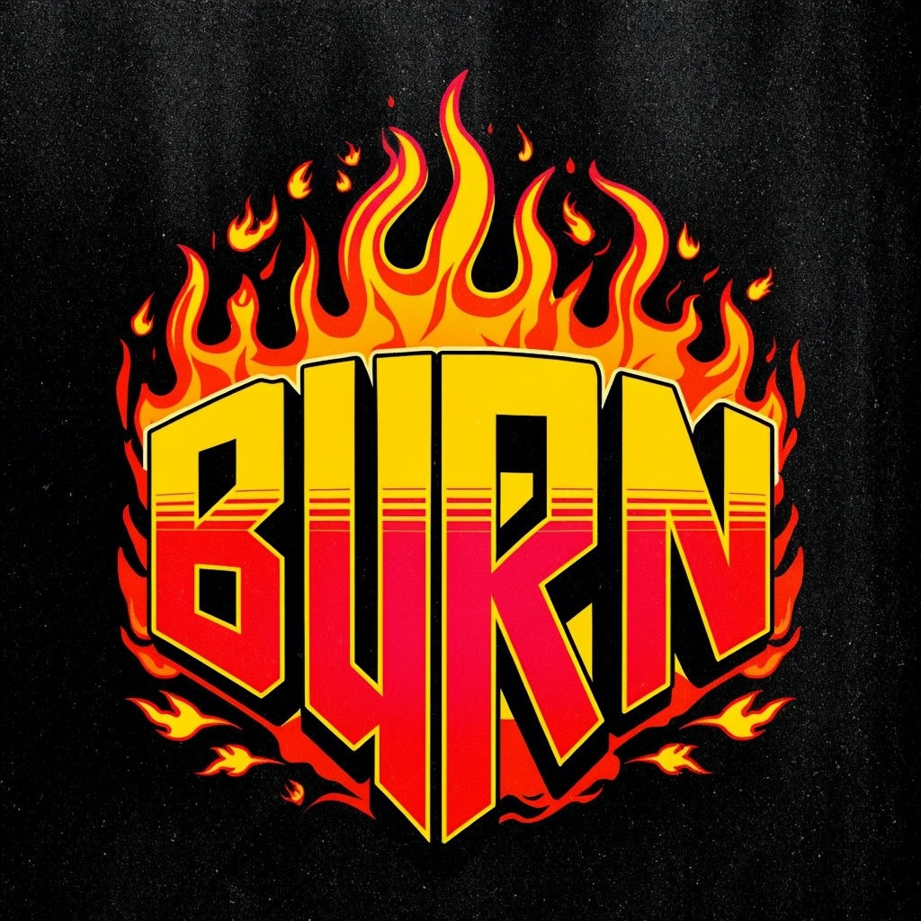 Vibrant 'BURN' 3D Text with Fiery Flames Design Logo