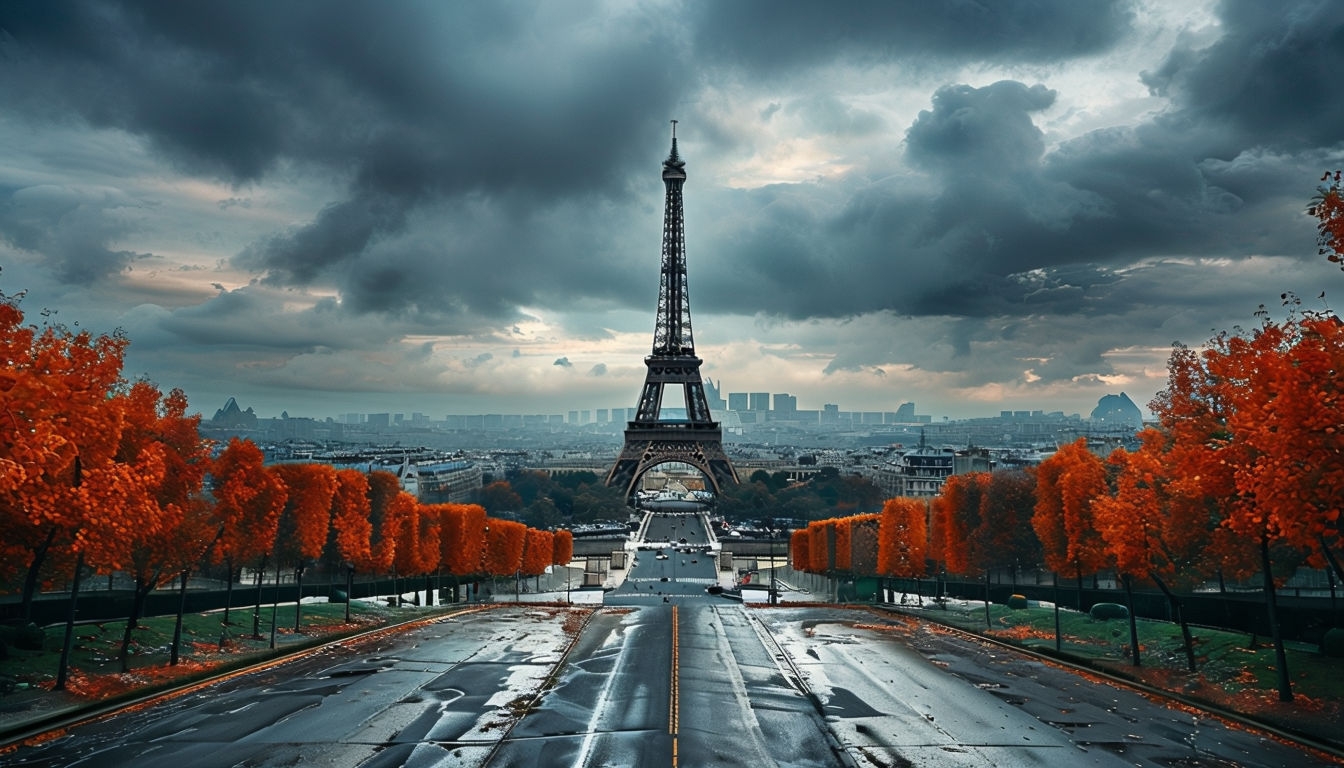 Dramatic Eiffel Tower Landscape Photograph with Autumn Foliage Art