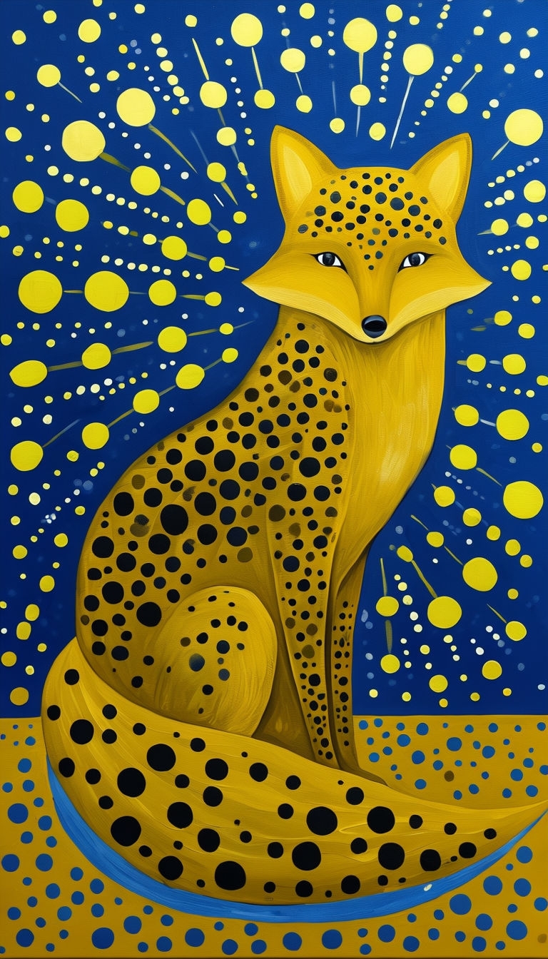 Vibrant Goldenrod Fox with Polka Dots Against Indigo Background Art
