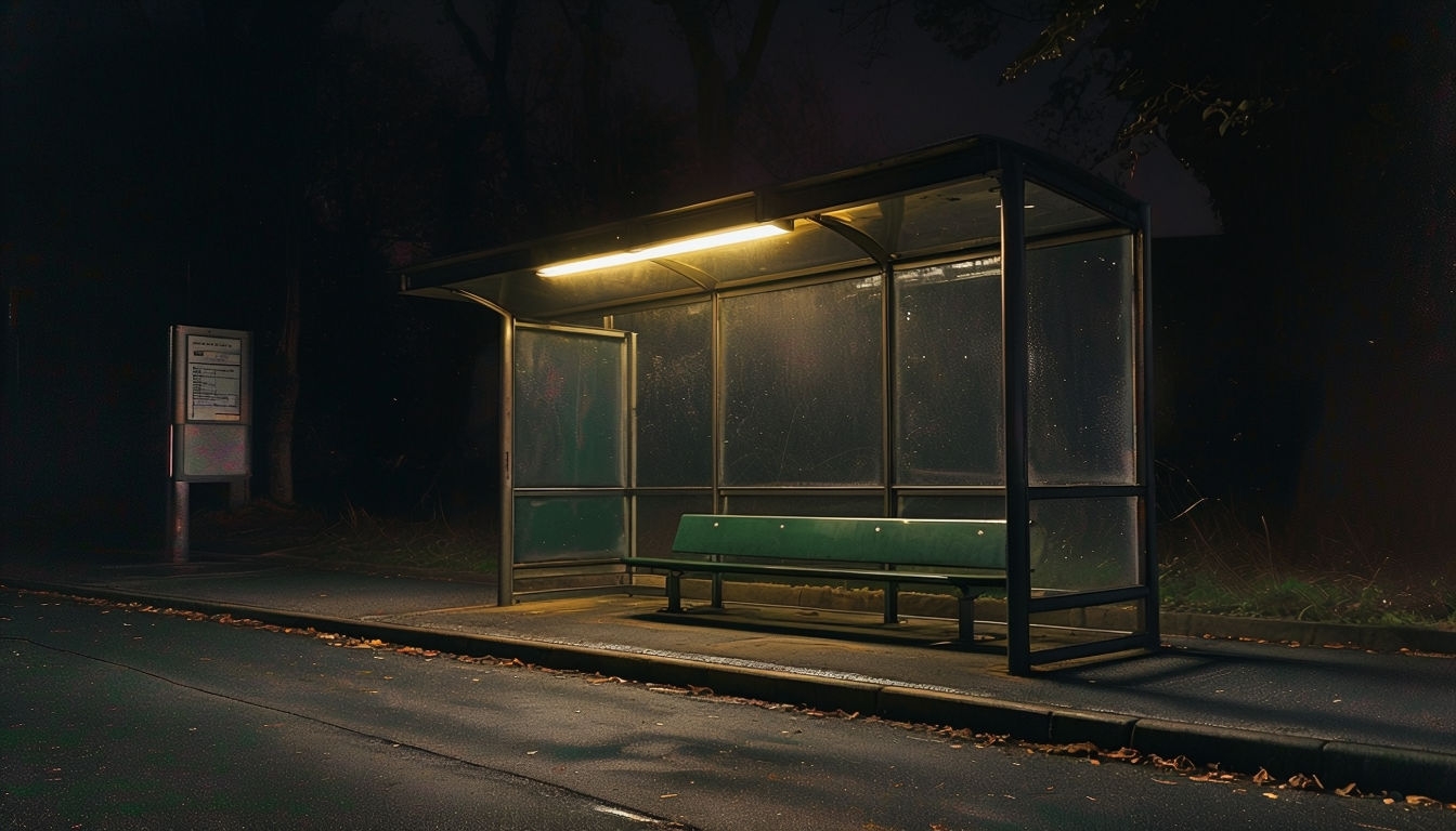 Modern Nighttime Bus Stop with Illuminated Shelter Background