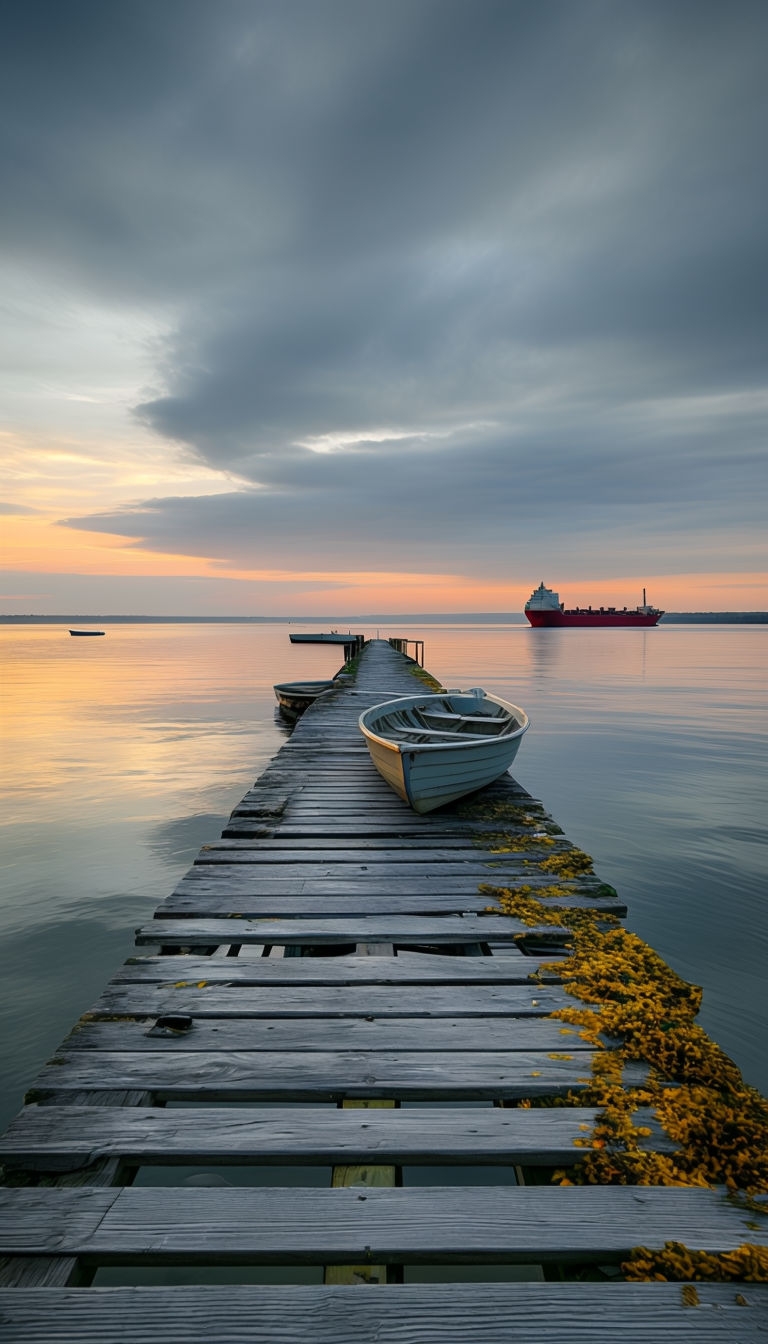 Serene Sunset Over Weathered Pier with Calm Waters Mobile Wallpaper