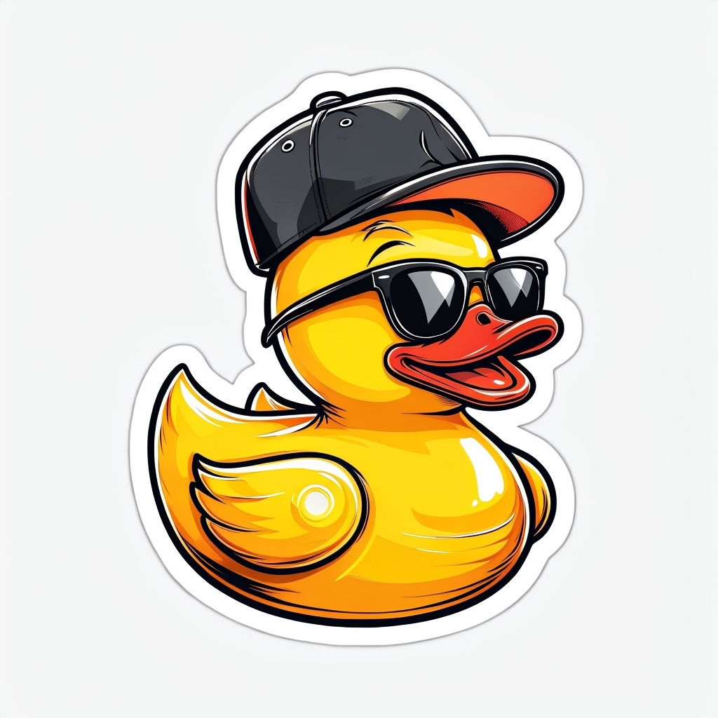 Vibrant Cartoon Rubber Duck with Sunglasses and Baseball Cap Sticker