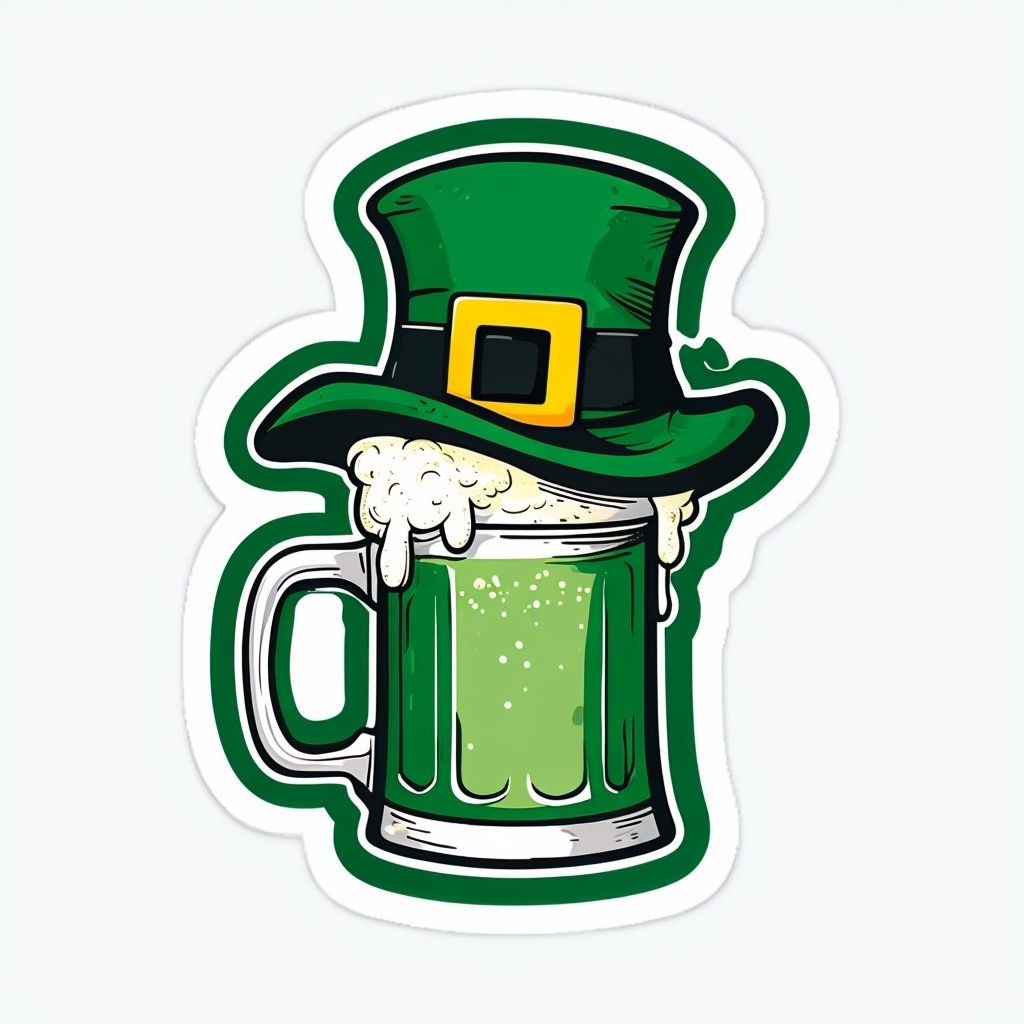 Festive Green Beer Mug with Leprechaun Hat Cartoon Sticker