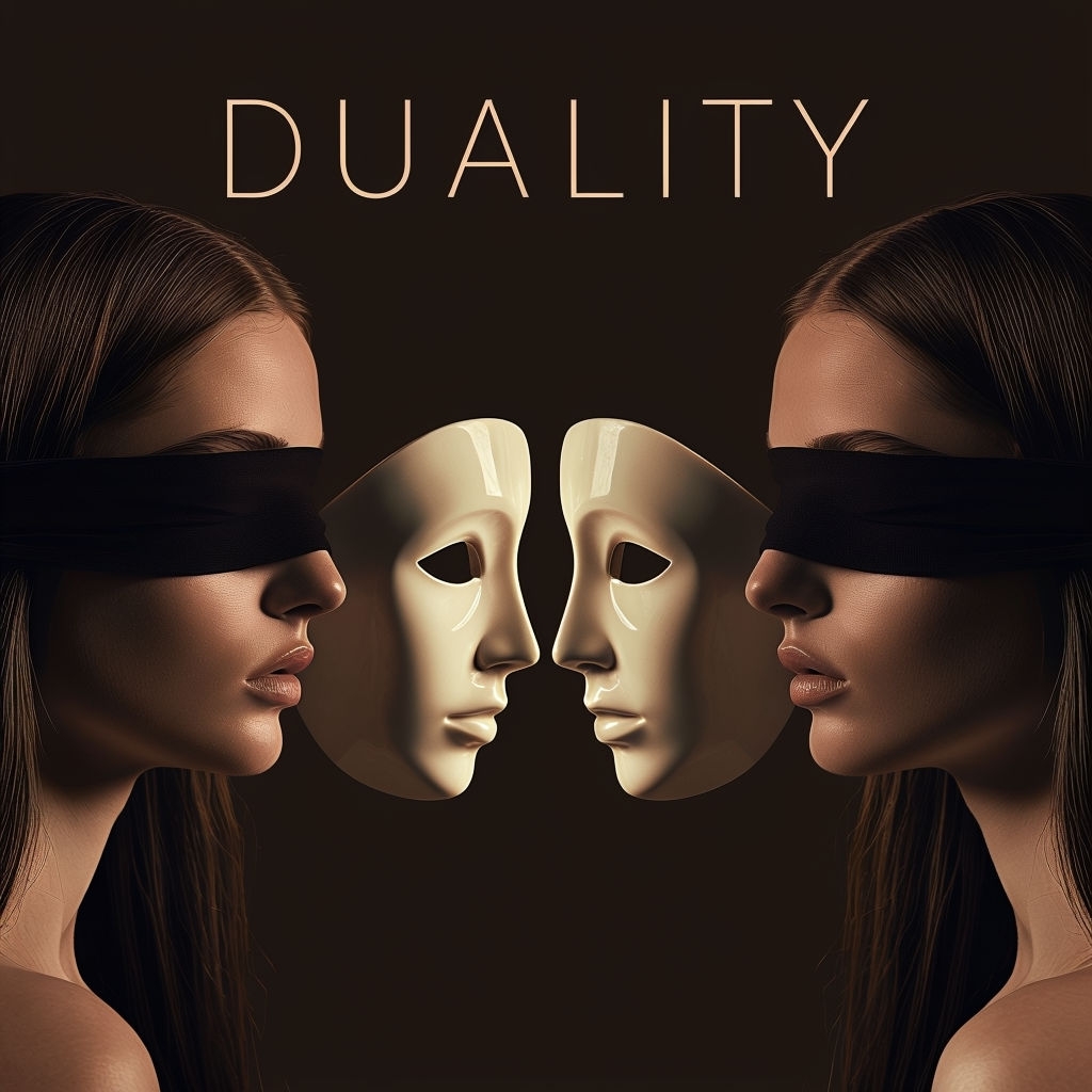 Symmetrical Surrealistic Artwork of Duality with Faces and Masks Spotify Album Cover