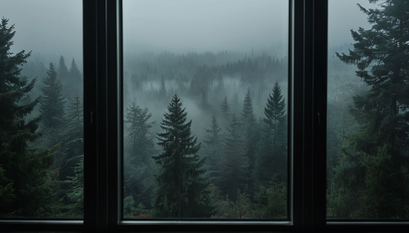 Serene Foggy Forest Through Window Frame Virtual Background