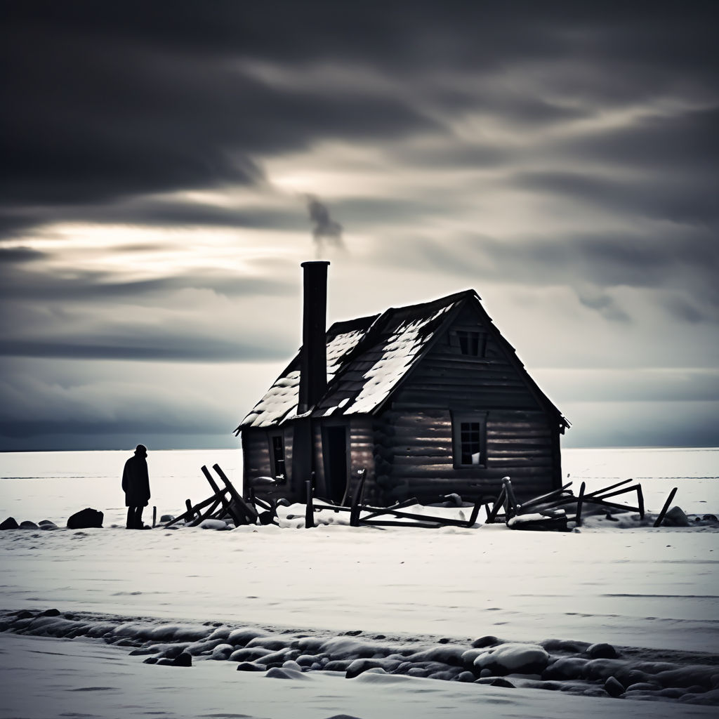 Old wooden cabin from the 1700's in snow wasteland. Dark sky... by ...