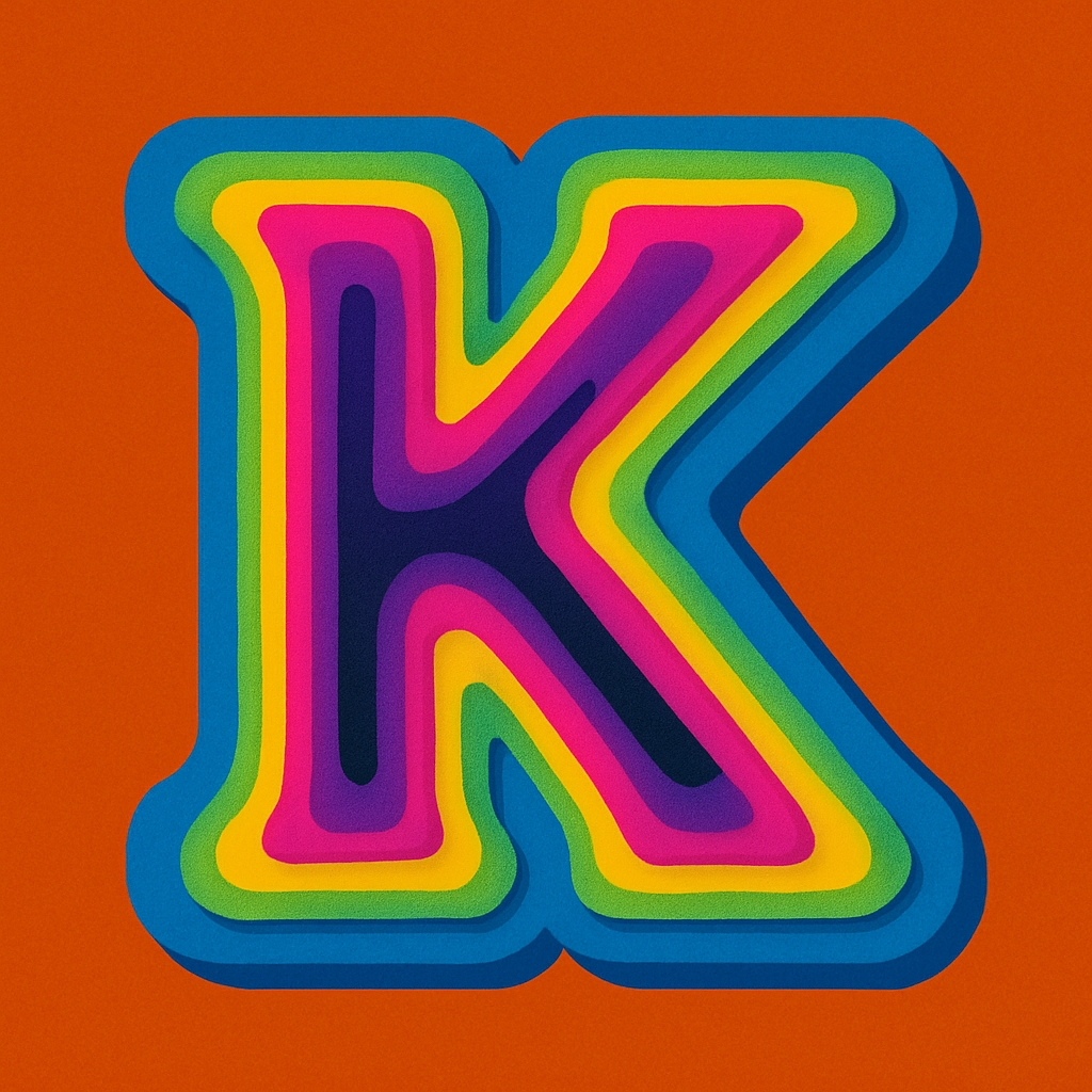 Vibrant 3D Letter K in 1970s Pop Art Style Monogram