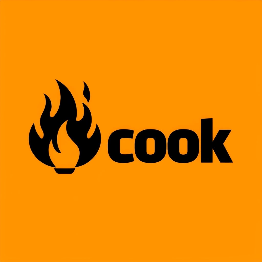 Bold Symmetrical Black Flame Cook Logo Design on Orange Background