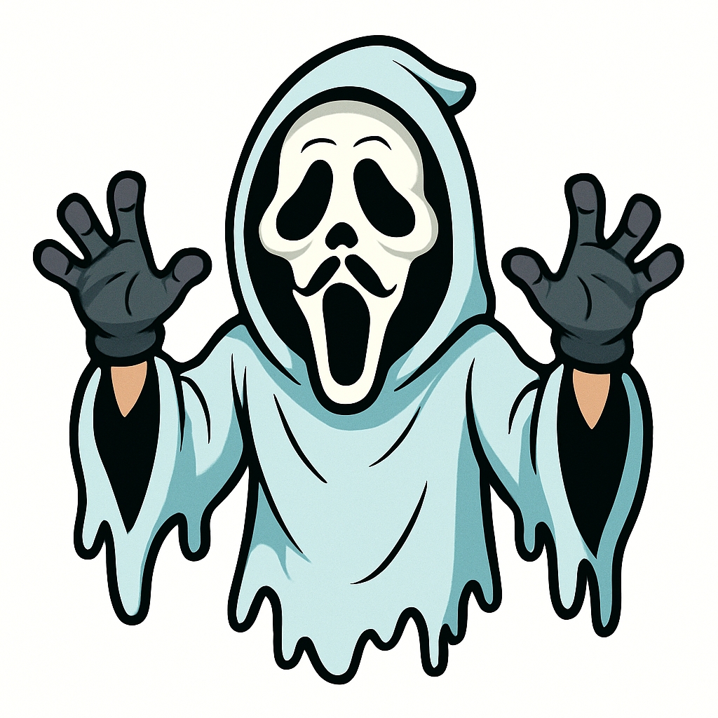 Ghostly Cartoon Figure with Scream Mask and Eerie Effects Sticker