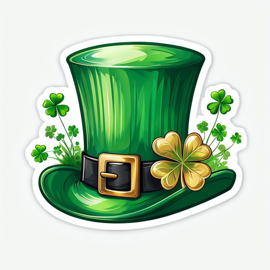 Vibrant Leprechaun Hat and Clover Plants Sticker Design