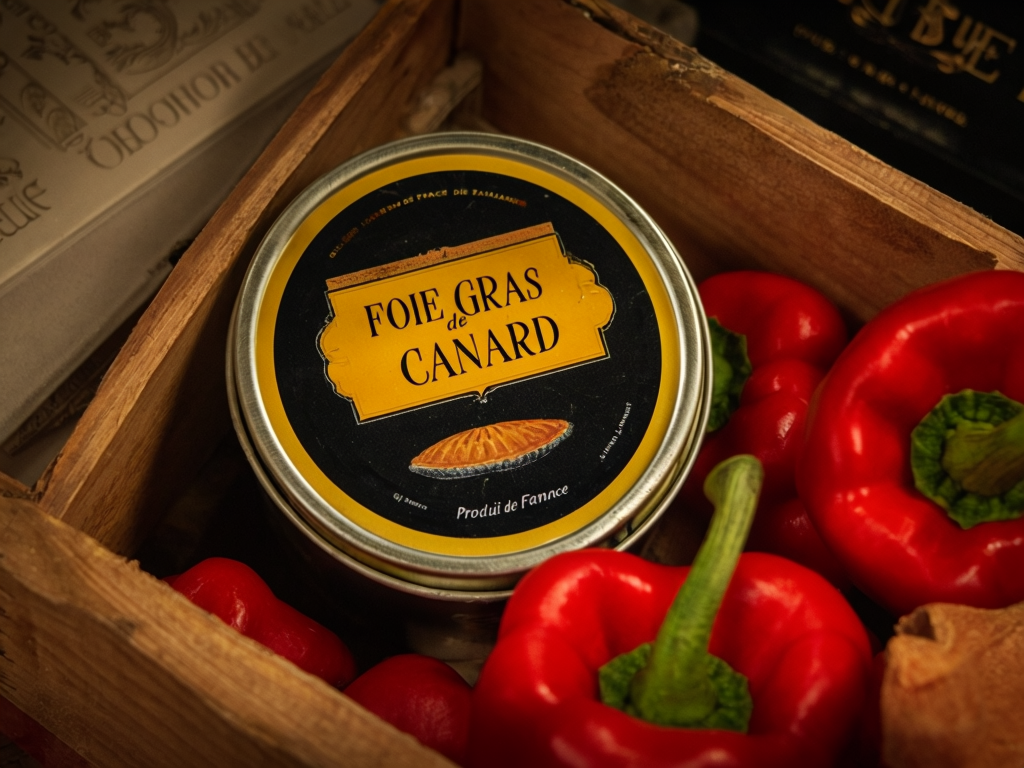 Foie Gras Tin & Red Bell Peppers in Rustic Wooden Box