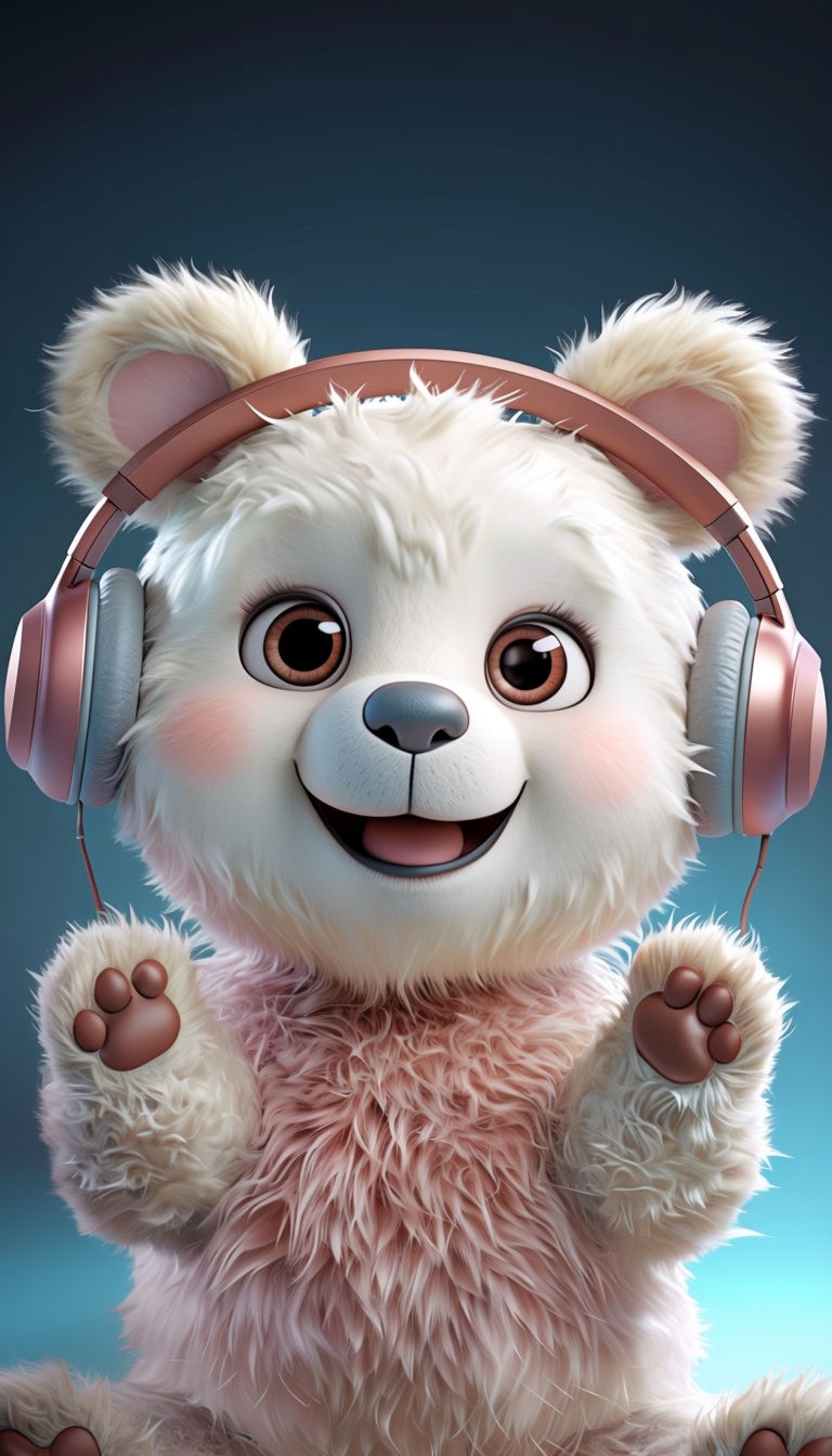 Joyful Fluffy White Bear with Headphones Art for Kids