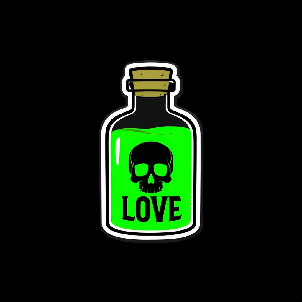 Neon Green Skull and Love Bottle Illustration T-Shirt