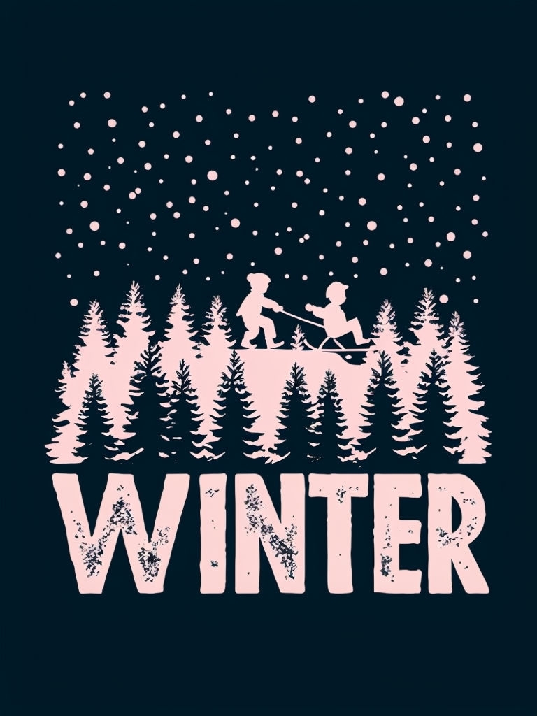 Minimalist Winter Children Sledding Illustration with Trees Card