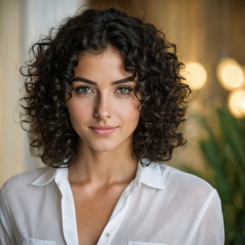 woman with short curly hair and big boobs