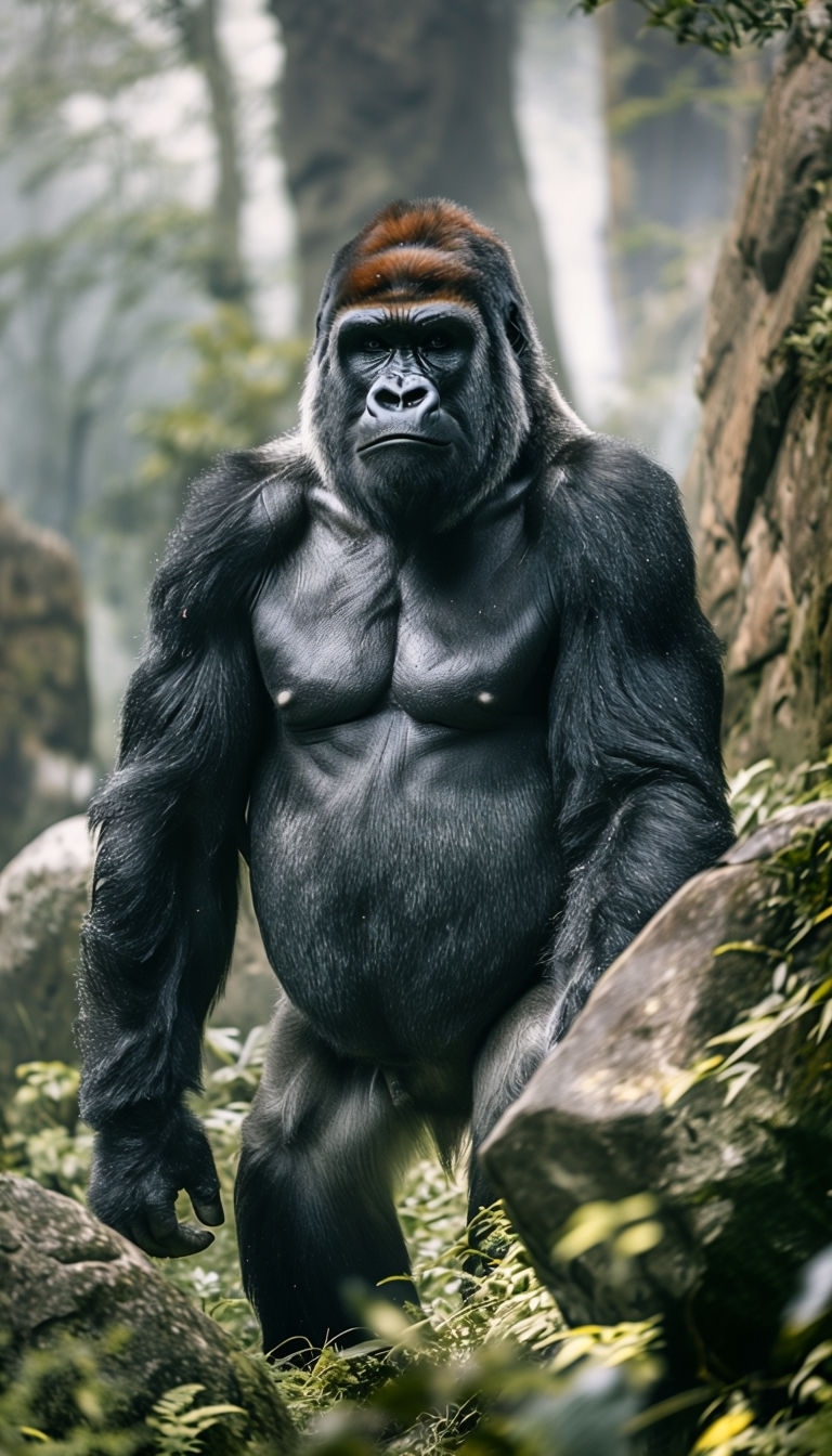 Majestic Mountain Gorilla in Misty Forest Photography Art