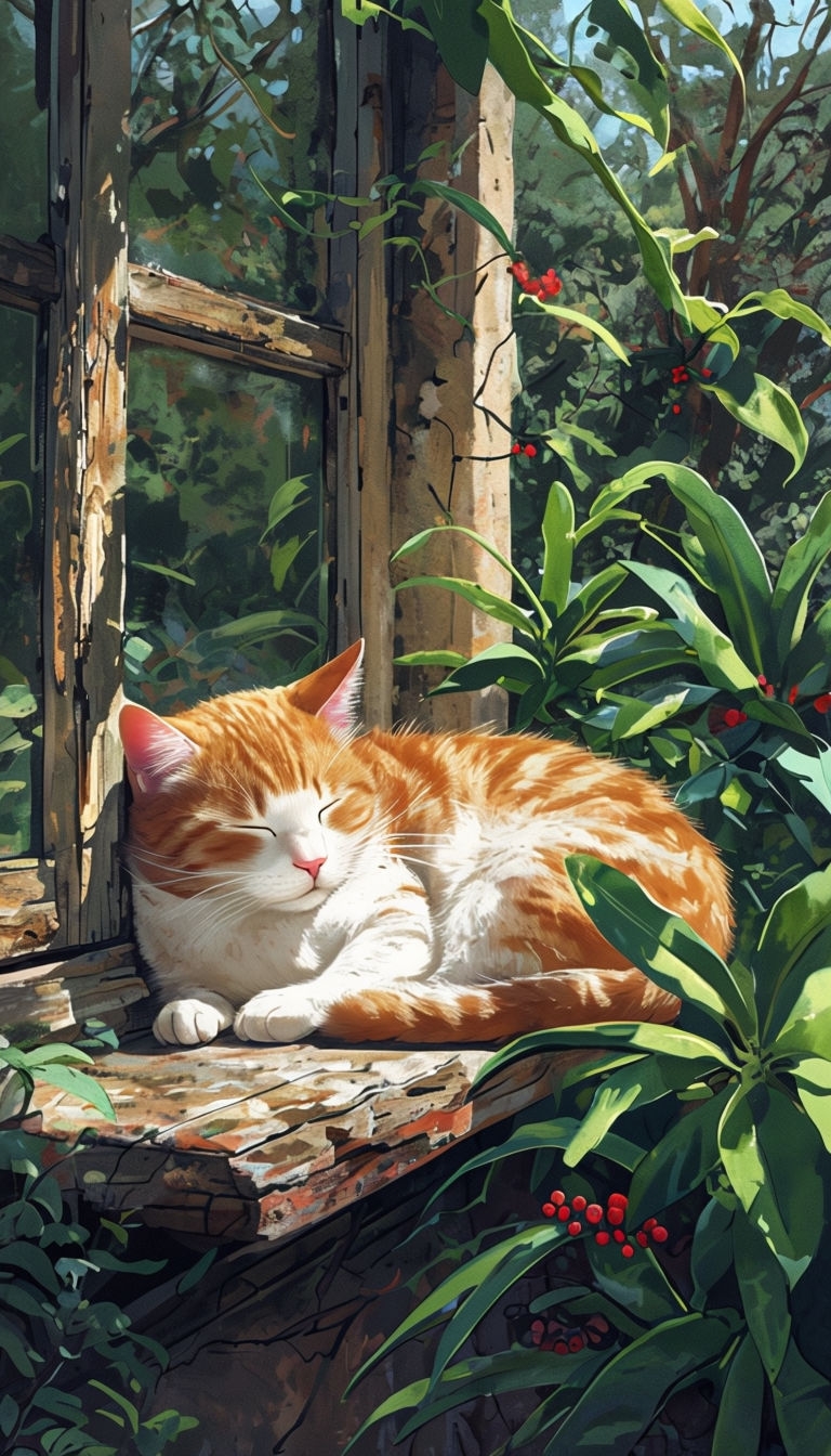 Serene Orange Tabby Cat on Rustic Windowsill Illustration Art