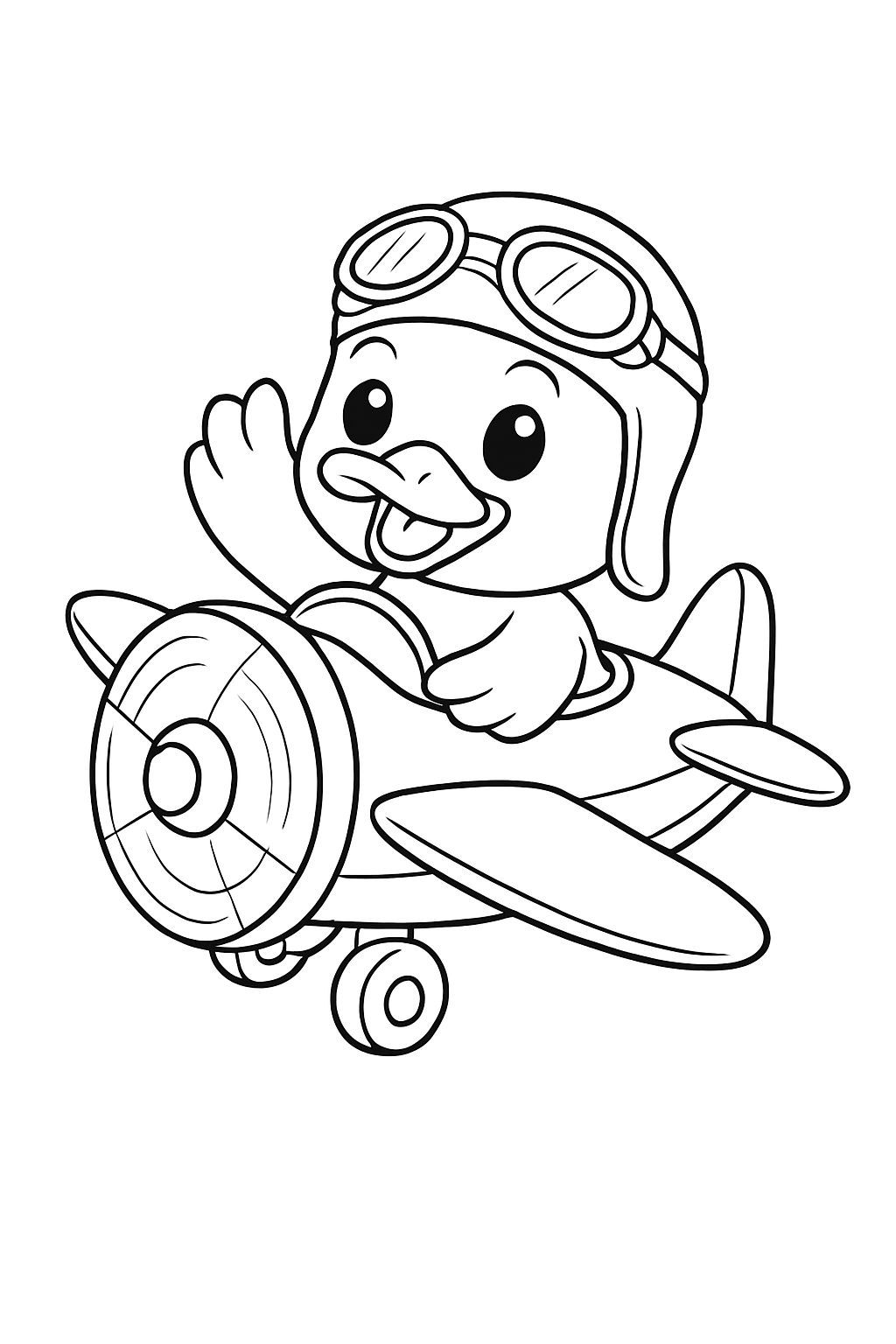Cheerful Cartoon Duck Flying Airplane Line Art for Coloring Book Pages