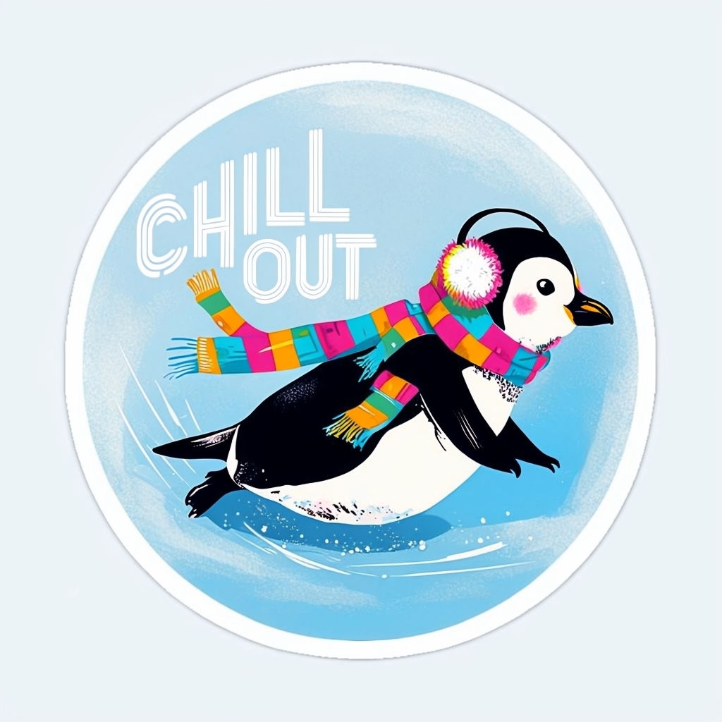 Playful Penguin Sliding on Ice with Chill Out Text Sticker