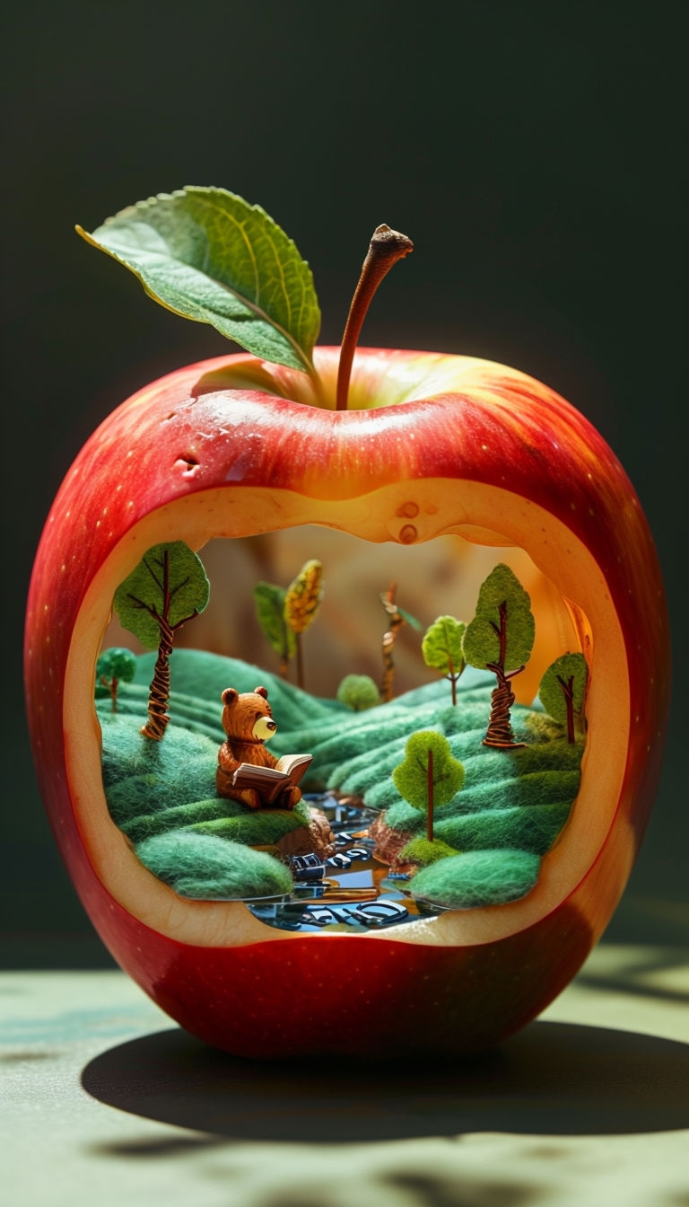 Whimsical Miniature Diorama Inside a Realistic Apple Illustration Art