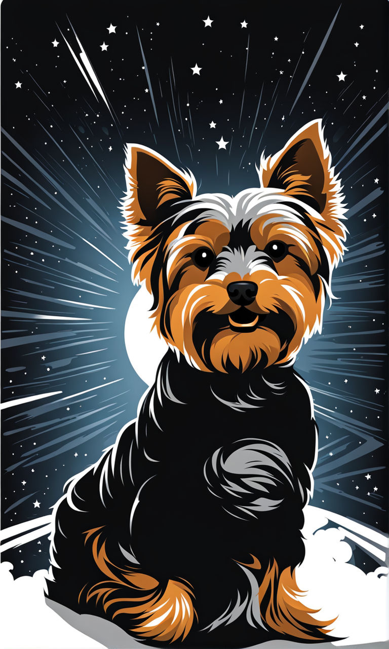 Prompt: Yorkshire Terrier silhouette adrift in the vast blackness of space, wearing a graphic t-shirt, vector style with contouring, set against a stark white-bordered background, graphic design, high contrast, minimalist.