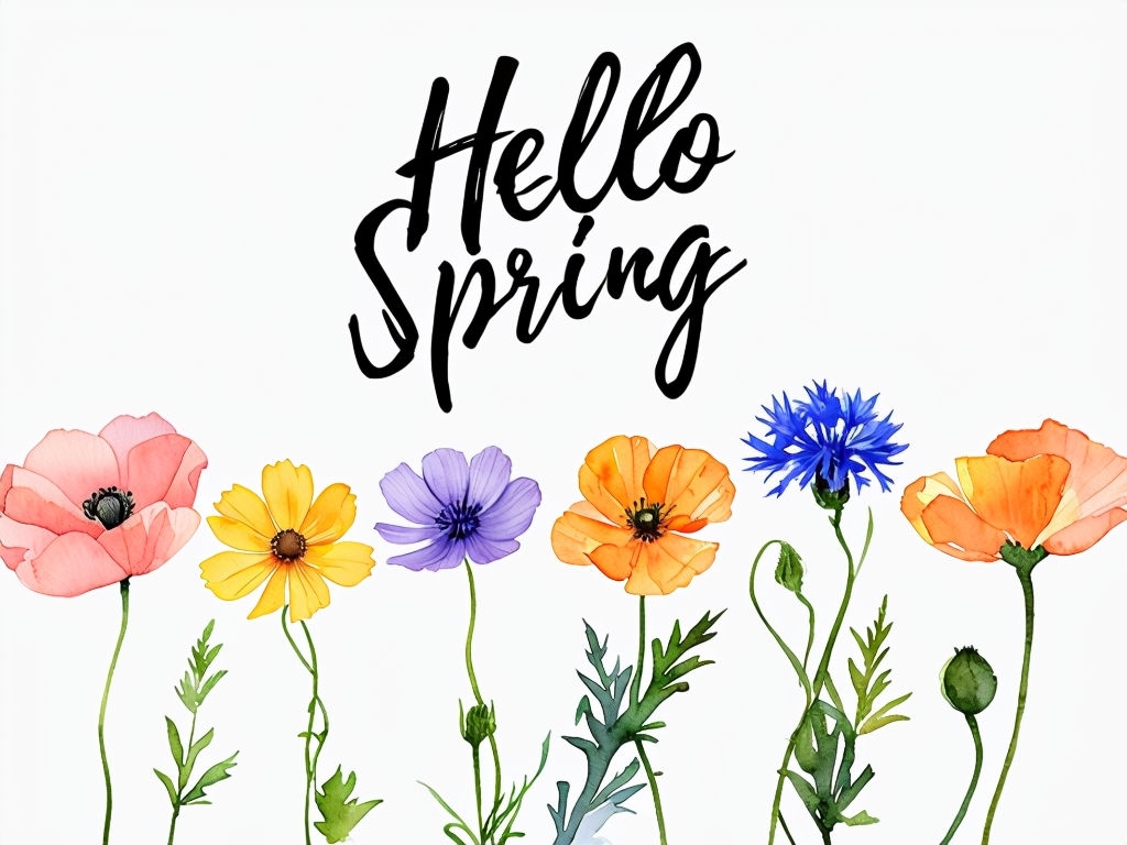 Cheerful Watercolor Hello Spring Flowers Card Design