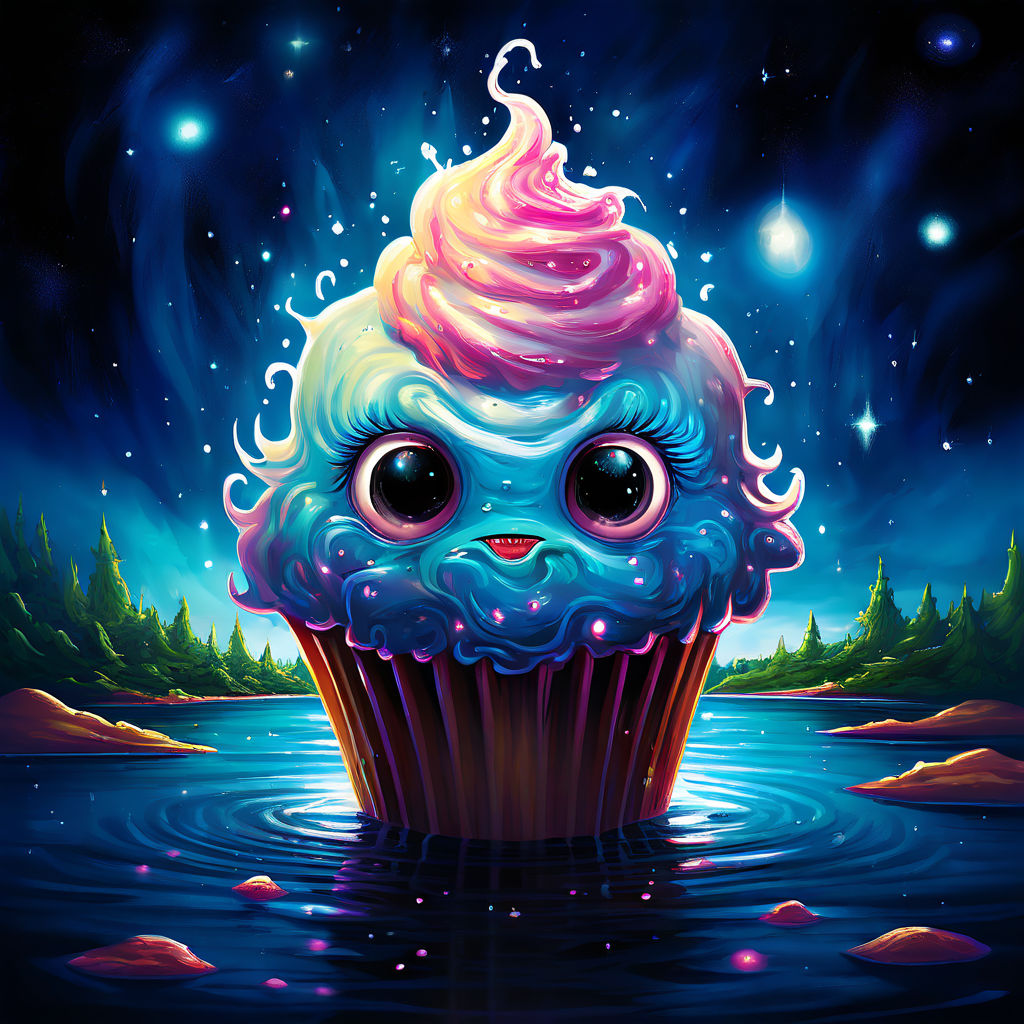 Cosmic cute cupcake with face floating in outer space with e... by ...