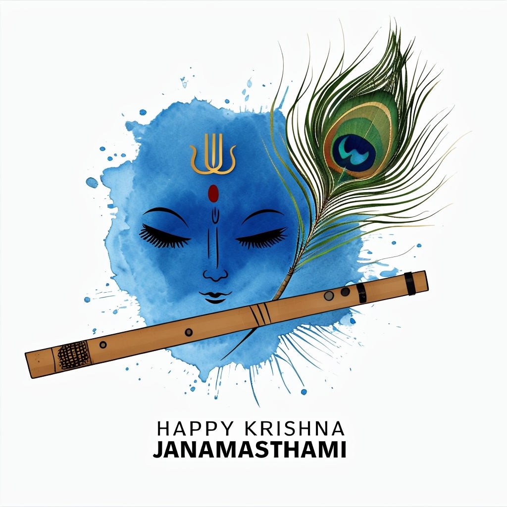 Minimalist Janmashtami Greeting Card with Lord Krishna Illustration Social Media Post