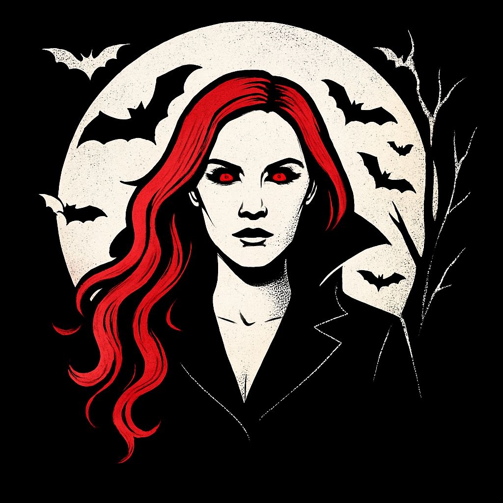 Vampire Woman with Red Hair and Bats Gothic Art Illustration