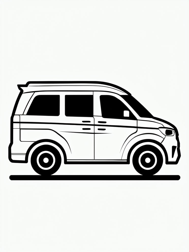 Minimalist Black and White Minivan Line Drawing for Kids Coloring Book Pages