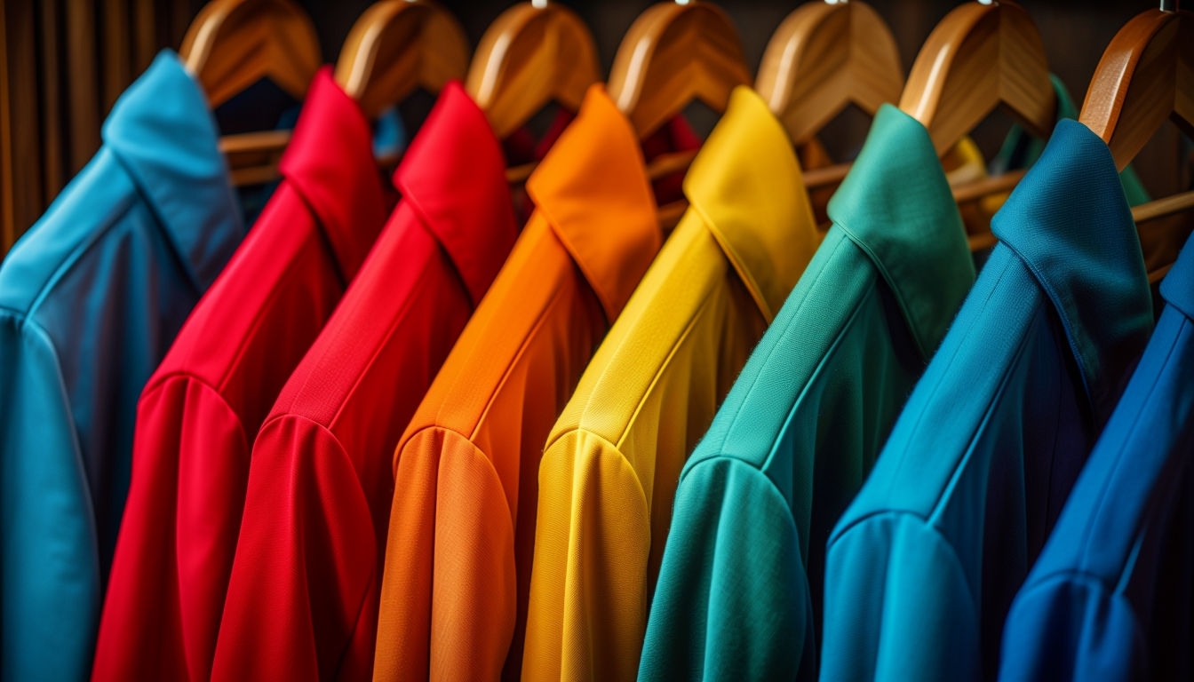 Vibrant Colorful Jacket Display on Wooden Hangers Poster