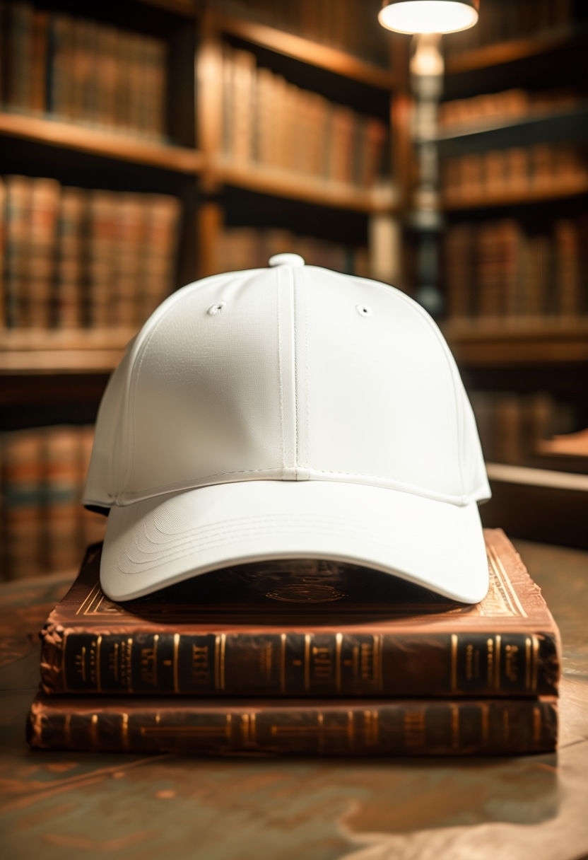 Photorealistic White Baseball Cap on Vintage Leather-Bound Books Mockup