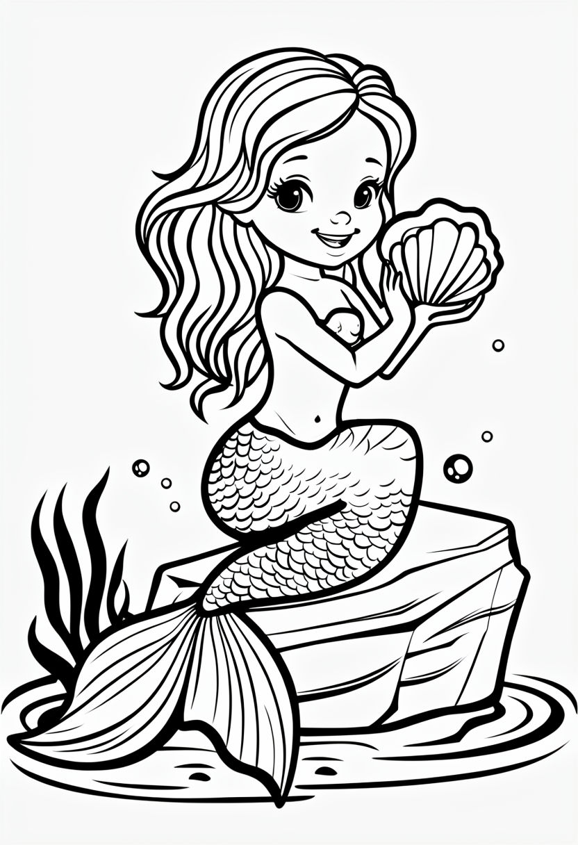 Smiling Mermaid Character with Seashell and Bubbles Coloring Book Page