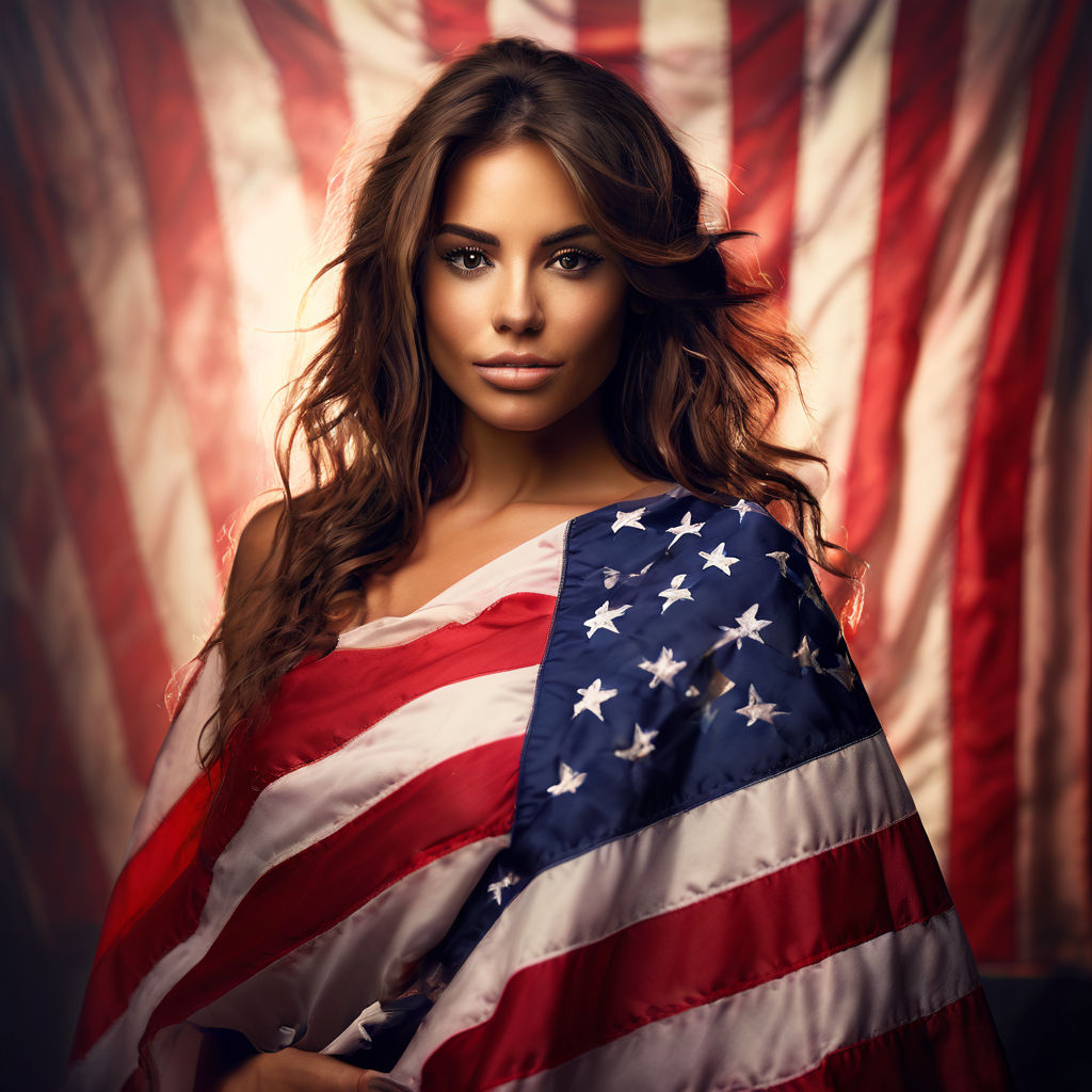 photorealistic model of a brunette in a bikini of the American flag and the  face of Lauren Boebert