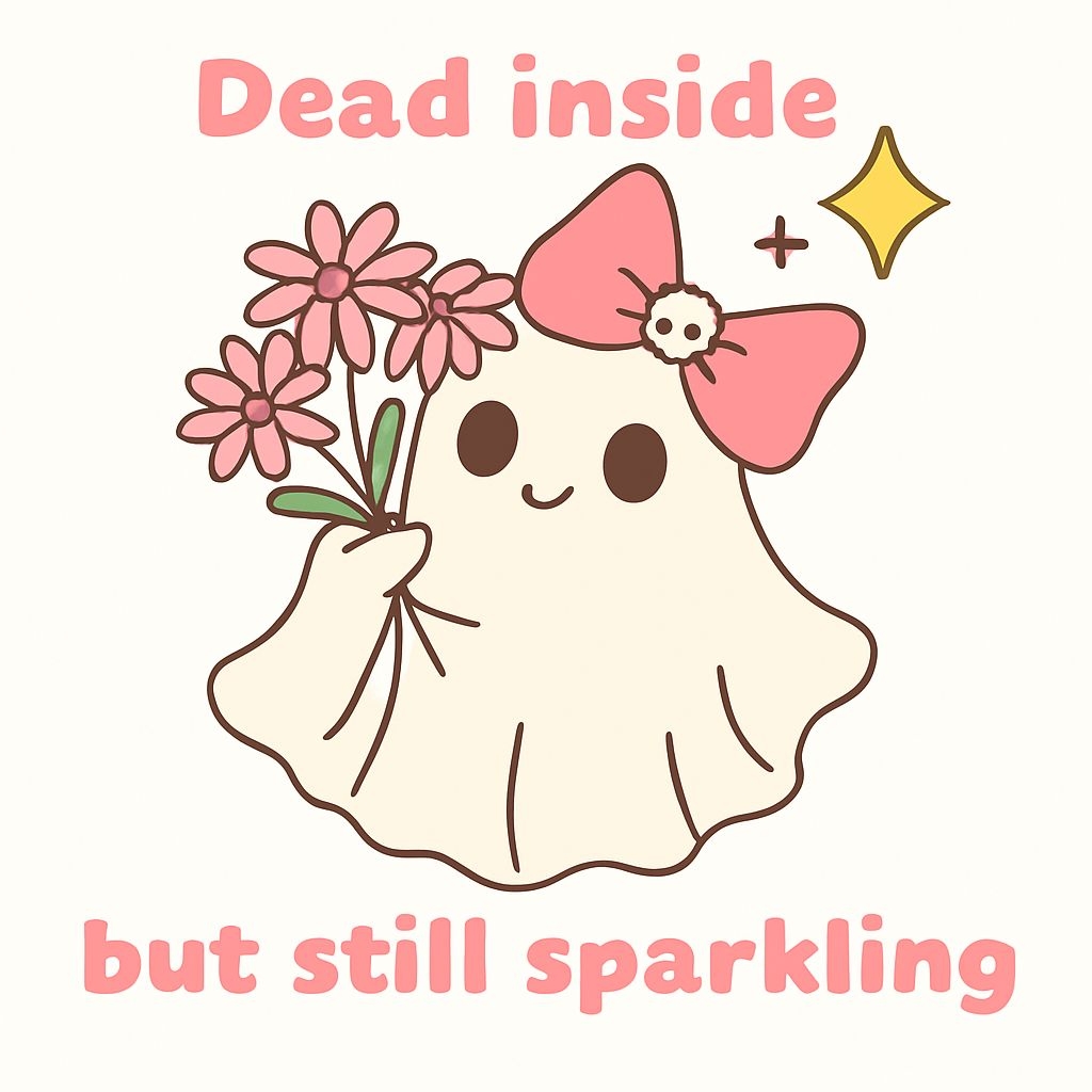 Cute Cartoon Ghost with Flowers and Whimsical Text Sticker