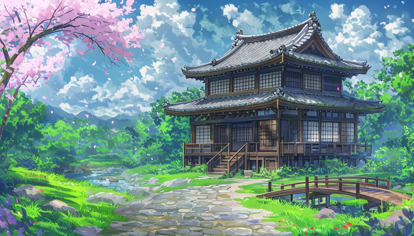 Tranquil Japanese Garden Scene with Cherry Blossom Tree Background