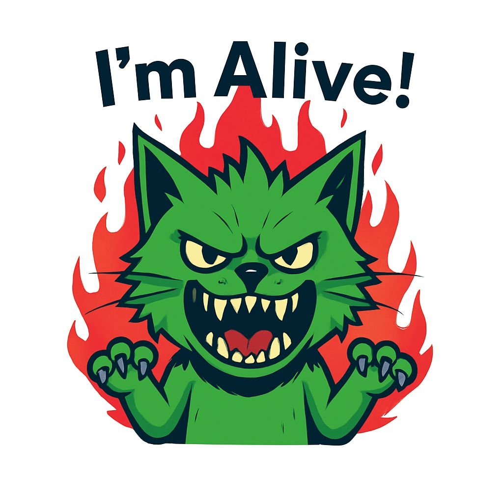 Fierce Green Cat Illustration with Flames and Humor Sticker