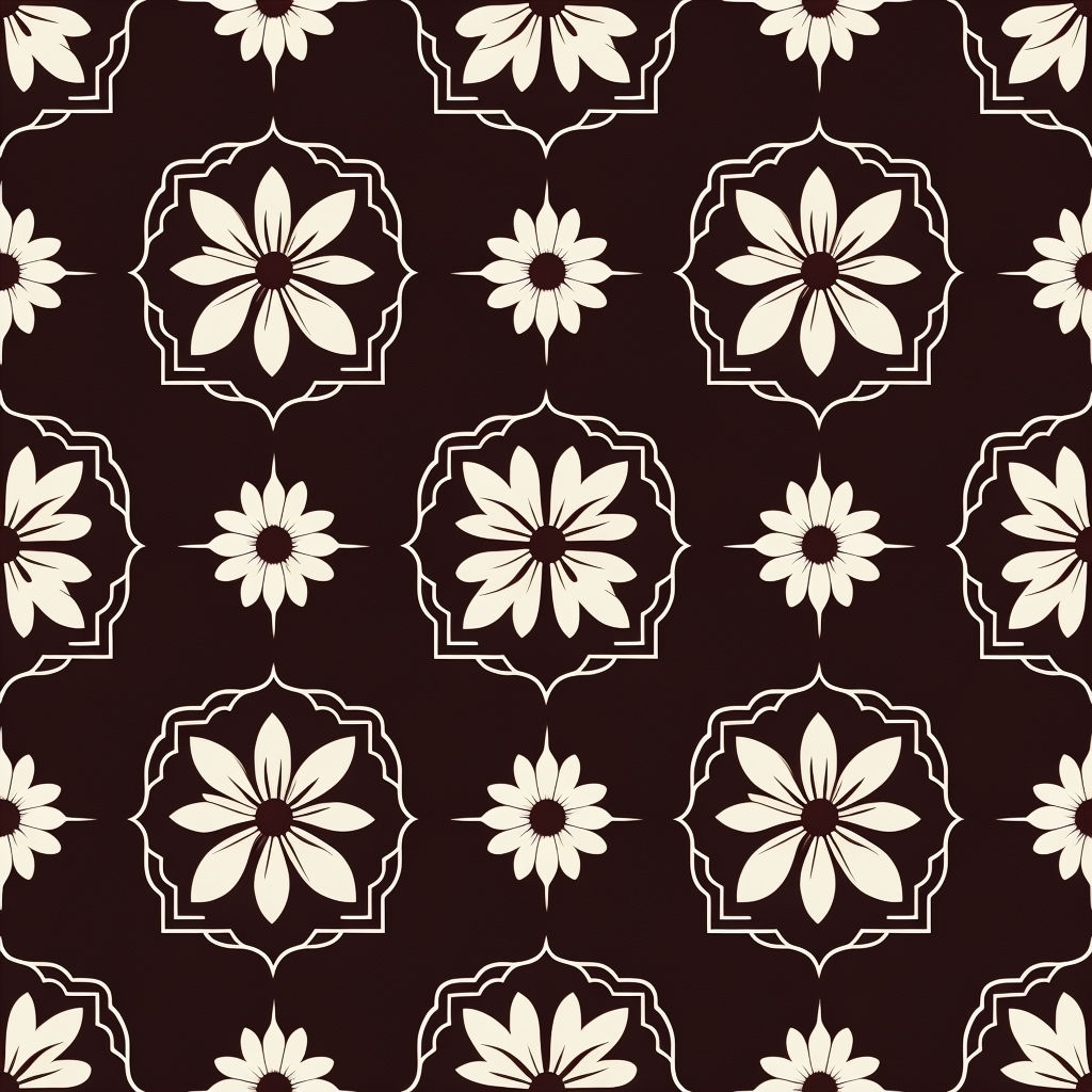 Elegant Ivory Flower Grid Pattern on Dark Brown Background Seamless Pattern