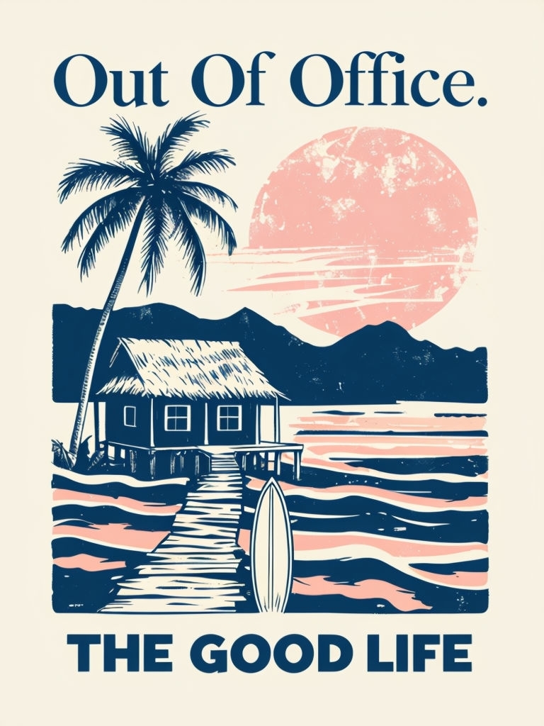 Relaxing Tropical Beach Scene with 'Out Of Office' T-Shirt