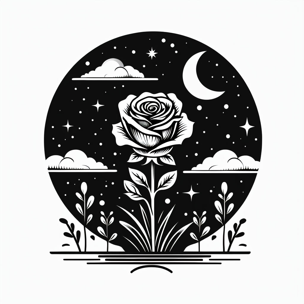 Black and White Rose with Stars and Moon Minimalist Mug